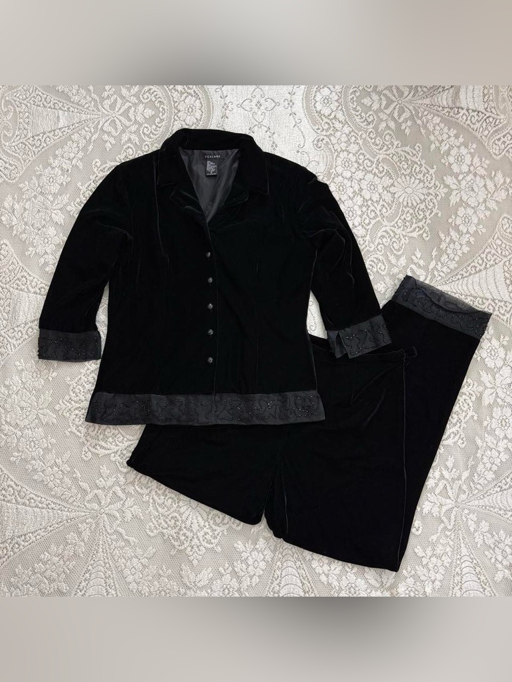 90’s witchy vampy whimsigoth black velvet two piece set w sheer beaded‎ trim